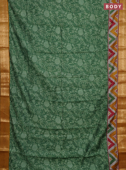 Semi maheshwari cotton saree green and mustard yellow with allover prints and zari woven border