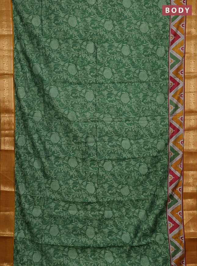 Semi maheshwari cotton saree green and mustard yellow with allover prints and zari woven border