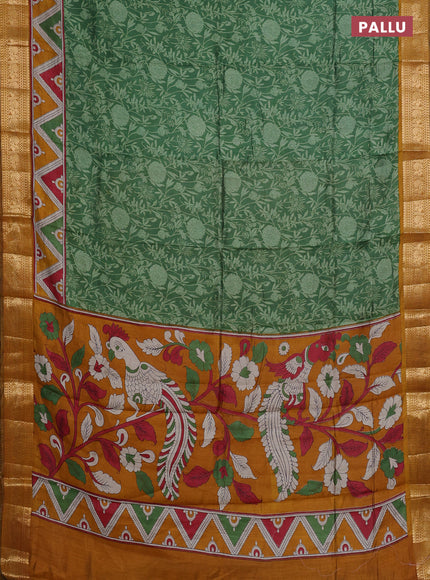 Semi maheshwari cotton saree green and mustard yellow with allover prints and zari woven border