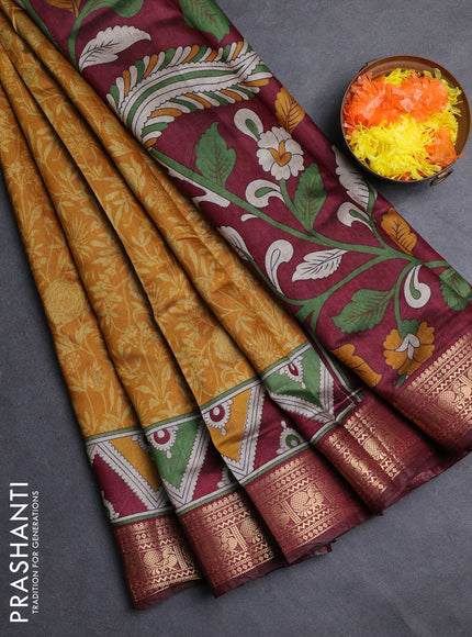 Semi maheshwari cotton saree mustard yellow and wine shade with allover prints and zari woven border