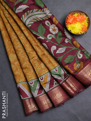 Semi maheshwari cotton saree mustard yellow and wine shade with allover prints and zari woven border