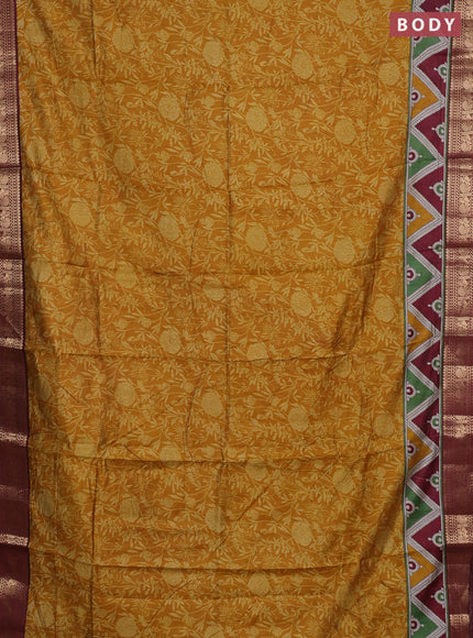Semi maheshwari cotton saree mustard yellow and wine shade with allover prints and zari woven border