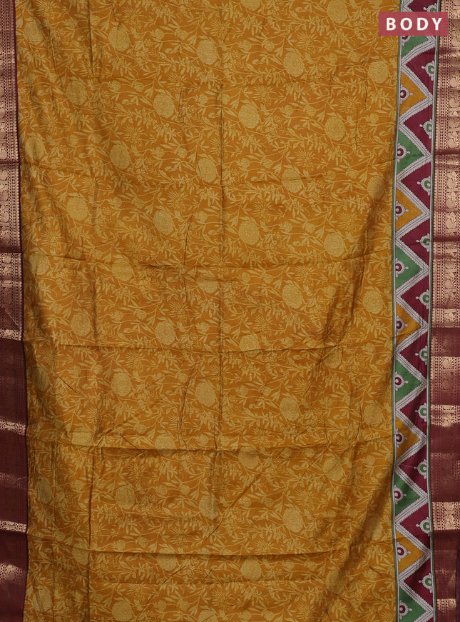 Semi maheshwari cotton saree mustard yellow and wine shade with allover prints and zari woven border