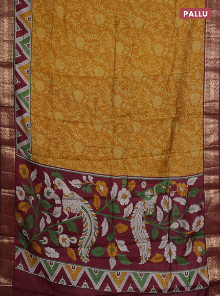 Semi maheshwari cotton saree mustard yellow and wine shade with allover prints and zari woven border