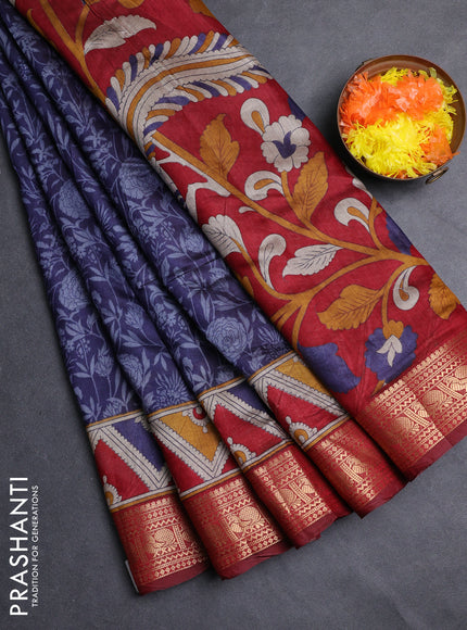 Semi maheshwari cotton saree blue and maroon with allover prints and zari woven border