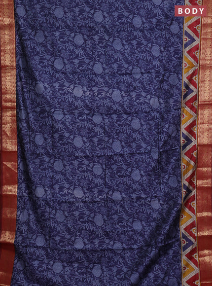 Semi maheshwari cotton saree blue and maroon with allover prints and zari woven border