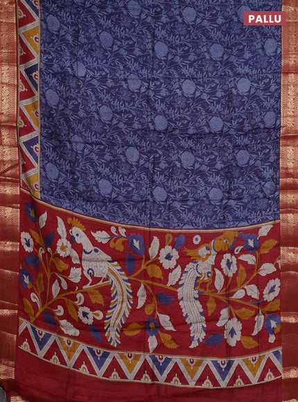 Semi maheshwari cotton saree blue and maroon with allover prints and zari woven border