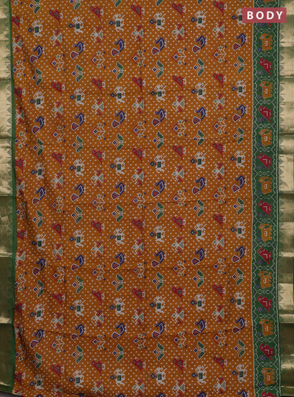 Semi maheshwari cotton saree mustard yellow and green with allover patola prints and zari woven border