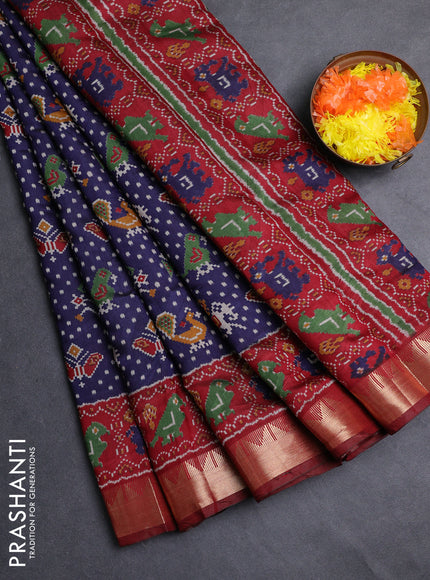 Semi maheshwari cotton saree navy blue and maroon with allover patola prints and zari woven border
