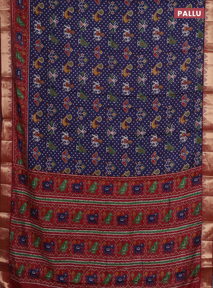 Semi maheshwari cotton saree navy blue and maroon with allover patola prints and zari woven border
