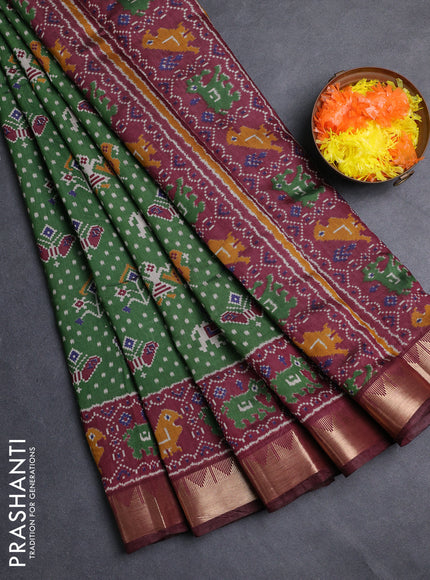 Semi maheshwari cotton saree green and deep maroon with allover patola prints and zari woven border
