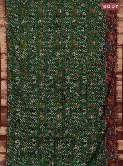 Semi maheshwari cotton saree green and deep maroon with allover patola prints and zari woven border