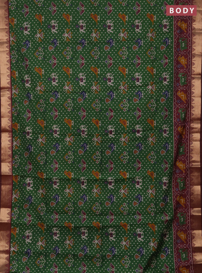 Semi maheshwari cotton saree green and deep maroon with allover patola prints and zari woven border