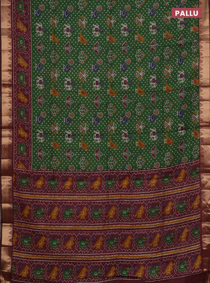 Semi maheshwari cotton saree green and deep maroon with allover patola prints and zari woven border