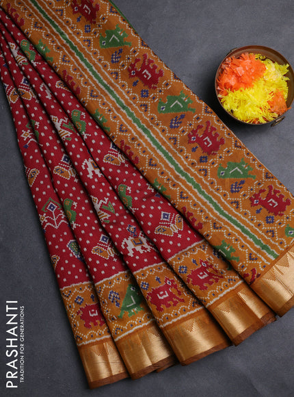 Semi maheshwari cotton saree maroon and mustard yellow with allover patola prints and zari woven border