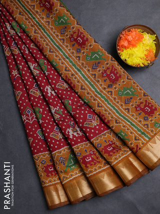 Semi maheshwari cotton saree maroon and mustard yellow with allover patola prints and zari woven border