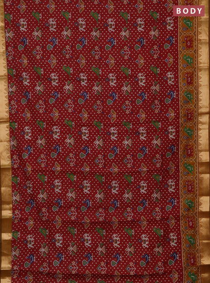 Semi maheshwari cotton saree maroon and mustard yellow with allover patola prints and zari woven border