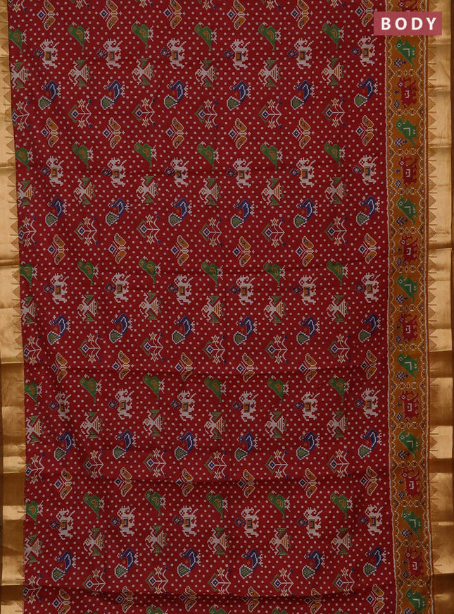 Semi maheshwari cotton saree maroon and mustard yellow with allover patola prints and zari woven border