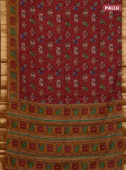Semi maheshwari cotton saree maroon and mustard yellow with allover patola prints and zari woven border