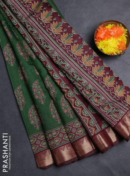 Semi maheshwari cotton saree green and deep maroon with allover floral prints and zari woven border