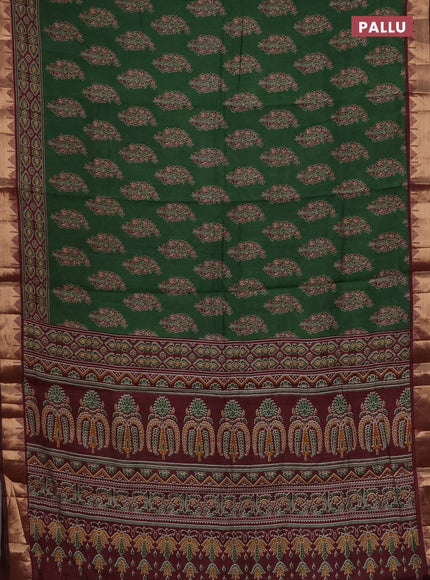 Semi maheshwari cotton saree green and deep maroon with allover floral prints and zari woven border