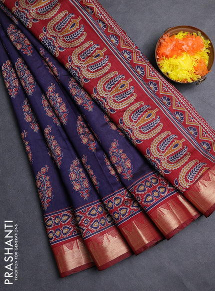 Semi maheshwari cotton saree navy blue and maroon with allover floral prints and zari woven border