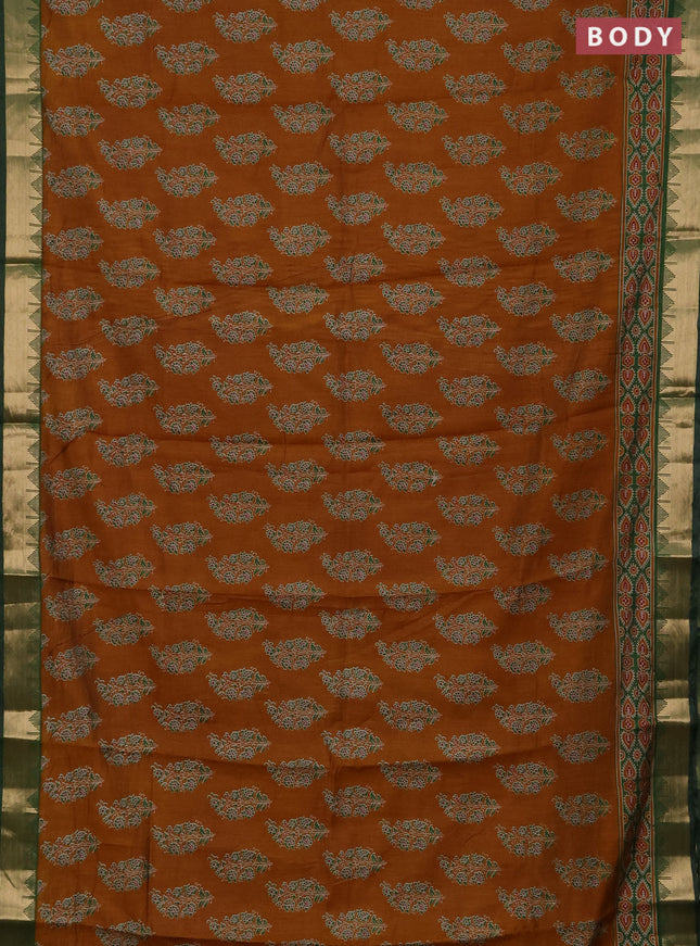 Semi maheshwari cotton saree dark mustard and green with allover floral prints and zari woven border