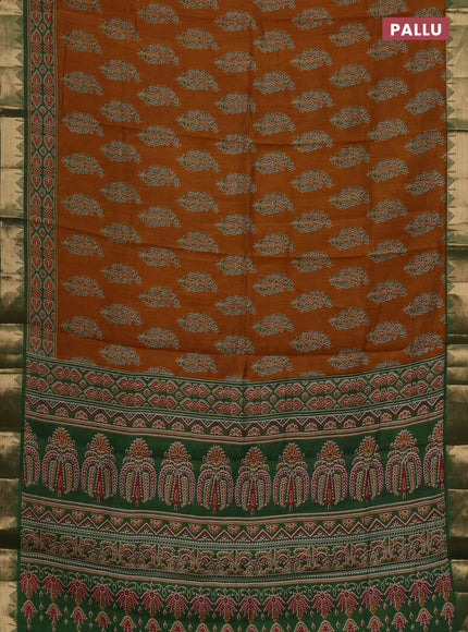 Semi maheshwari cotton saree dark mustard and green with allover floral prints and zari woven border