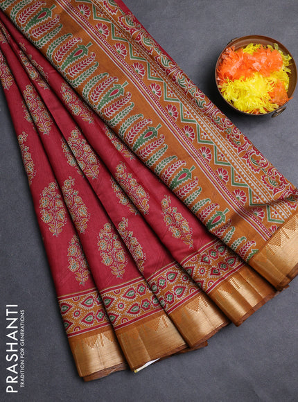 Semi maheshwari cotton saree maroon and dark mustard with allover floral prints and zari woven border