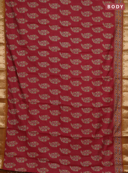Semi maheshwari cotton saree maroon and dark mustard with allover floral prints and zari woven border