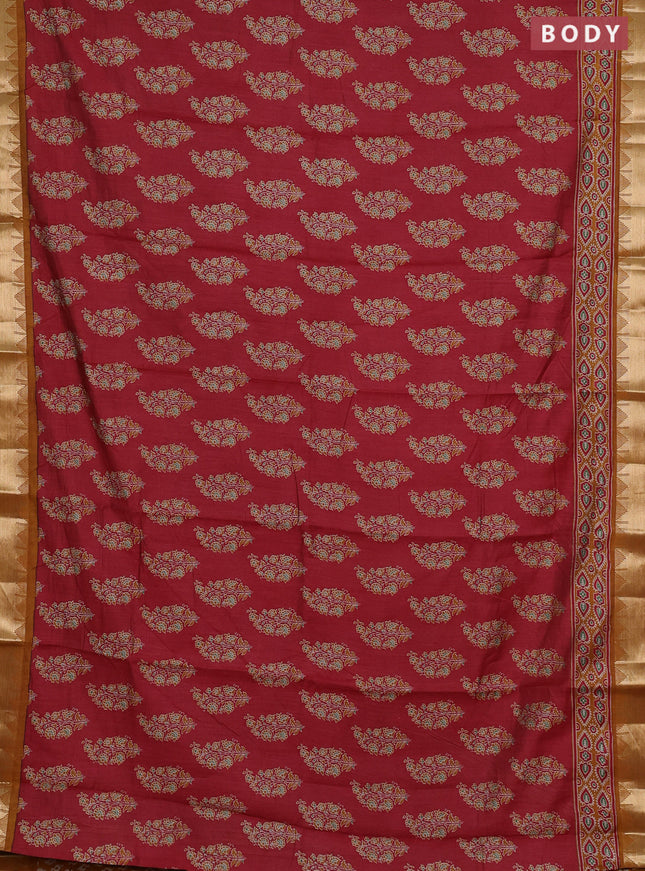 Semi maheshwari cotton saree maroon and dark mustard with allover floral prints and zari woven border