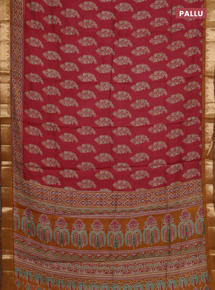 Semi maheshwari cotton saree maroon and dark mustard with allover floral prints and zari woven border