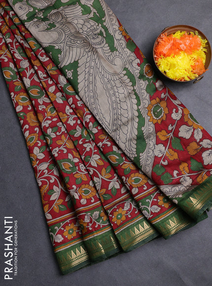 Semi maheshwari cotton saree maroon and green with allover kalamkari prints and zari woven border