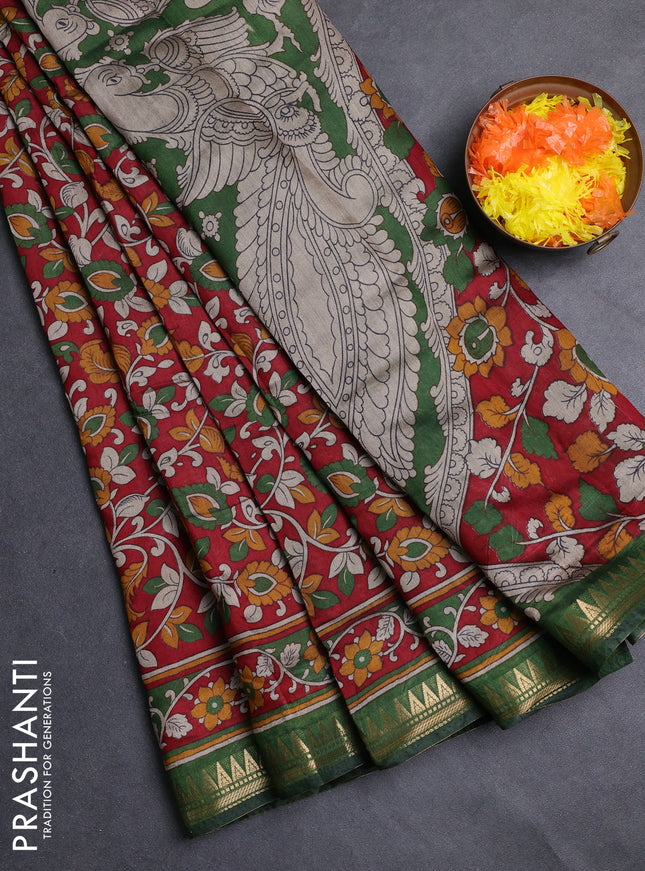 Semi maheshwari cotton saree maroon and green with allover kalamkari prints and zari woven border