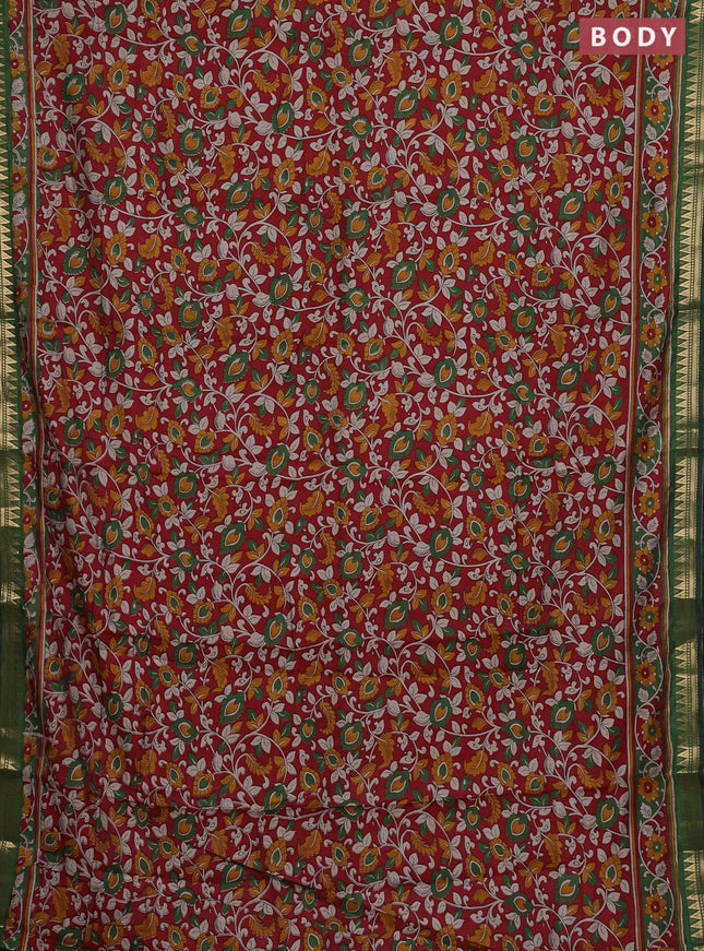 Semi maheshwari cotton saree maroon and green with allover kalamkari prints and zari woven border