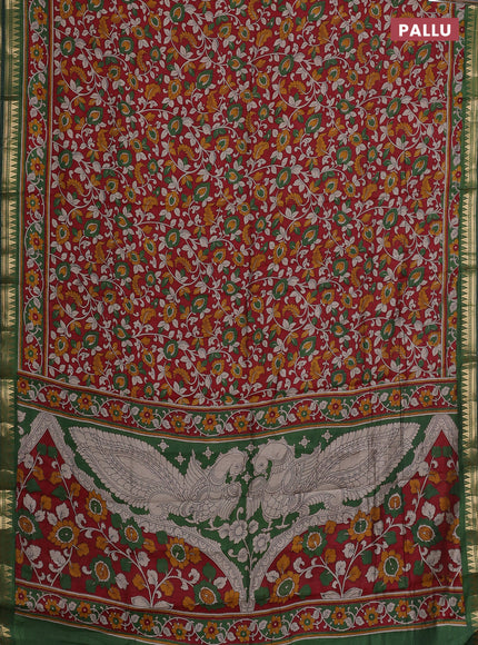 Semi maheshwari cotton saree maroon and green with allover kalamkari prints and zari woven border