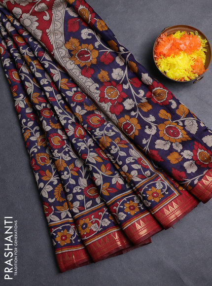 Semi maheshwari cotton saree navy blue and maroon with allover kalamkari prints and zari woven border