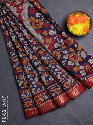 Semi maheshwari cotton saree navy blue and maroon with allover kalamkari prints and zari woven border