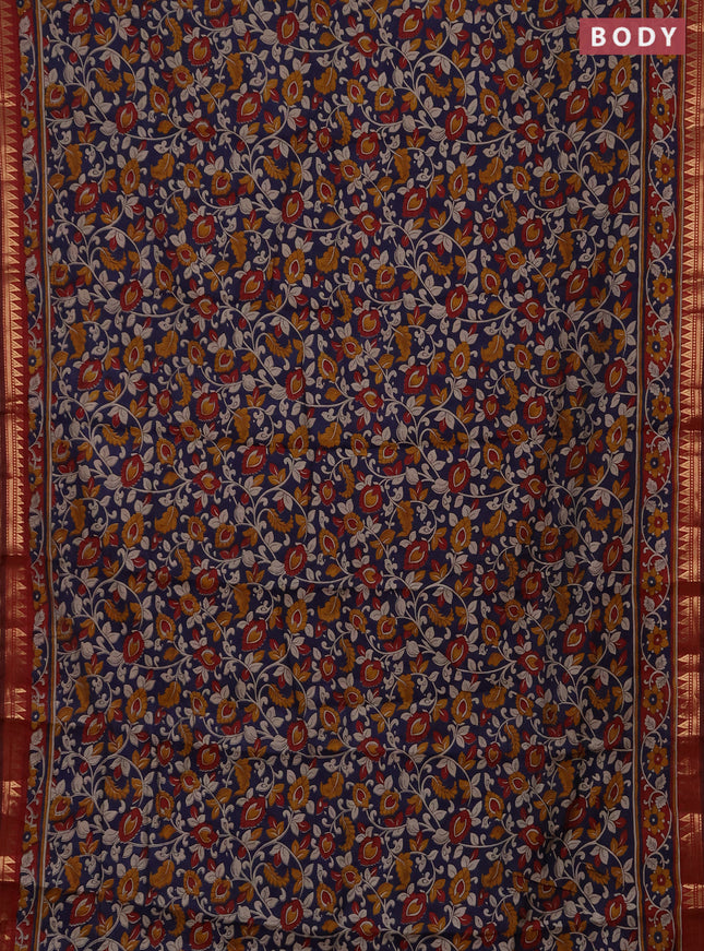 Semi maheshwari cotton saree navy blue and maroon with allover kalamkari prints and zari woven border
