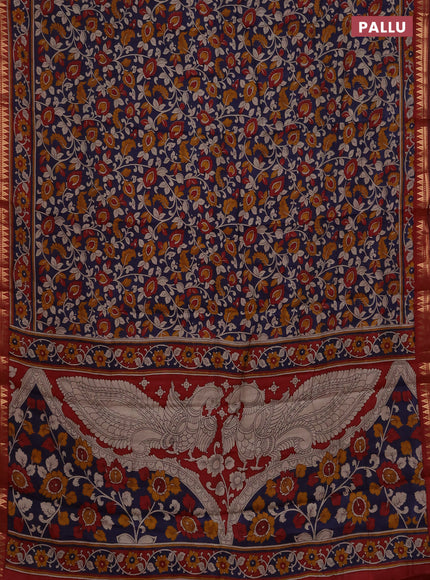 Semi maheshwari cotton saree navy blue and maroon with allover kalamkari prints and zari woven border