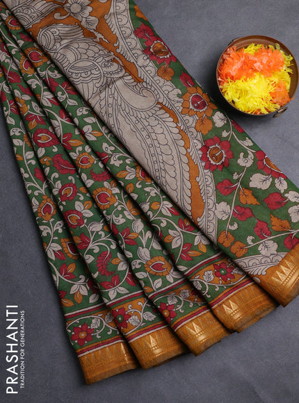 Semi maheshwari cotton saree green and mustard yellow with allover kalamkari prints and zari woven border