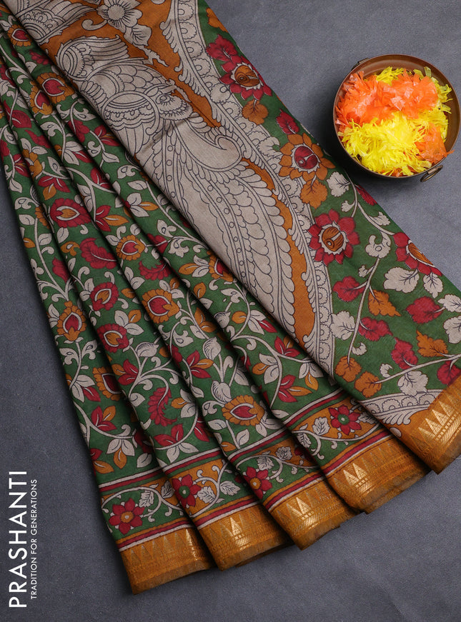 Semi maheshwari cotton saree green and mustard yellow with allover kalamkari prints and zari woven border