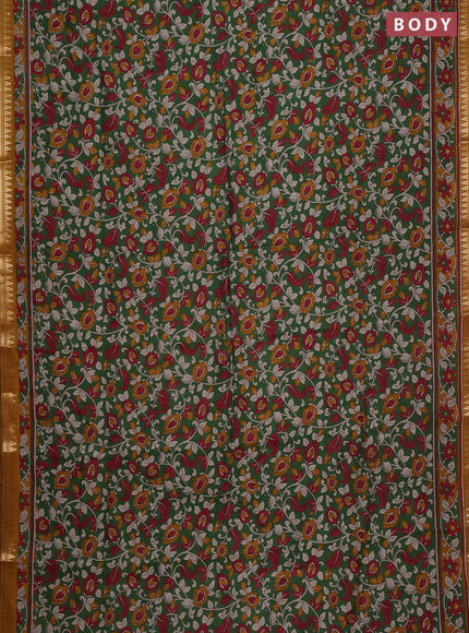 Semi maheshwari cotton saree green and mustard yellow with allover kalamkari prints and zari woven border