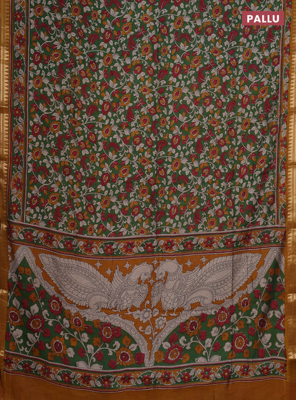 Semi maheshwari cotton saree green and mustard yellow with allover kalamkari prints and zari woven border