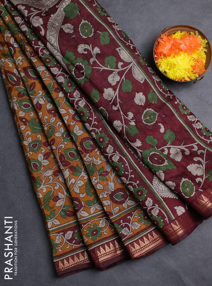 Semi maheshwari cotton saree mustard yellow and maroon with allover kalamkari prints and zari woven border