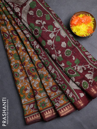 Semi maheshwari cotton saree mustard yellow and maroon with allover kalamkari prints and zari woven border
