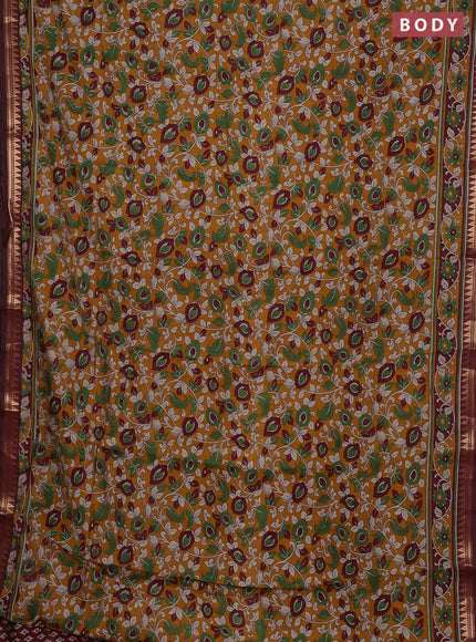 Semi maheshwari cotton saree mustard yellow and maroon with allover kalamkari prints and zari woven border