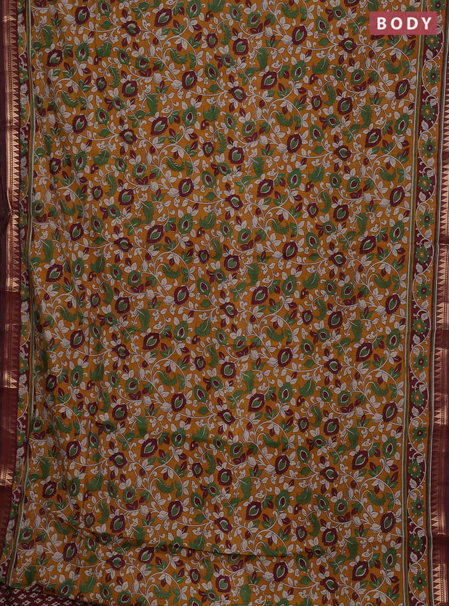 Semi maheshwari cotton saree mustard yellow and maroon with allover kalamkari prints and zari woven border