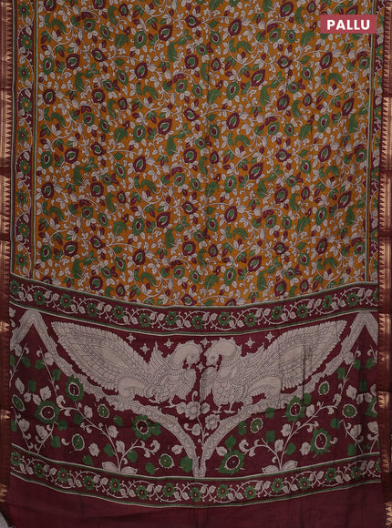 Semi maheshwari cotton saree mustard yellow and maroon with allover kalamkari prints and zari woven border