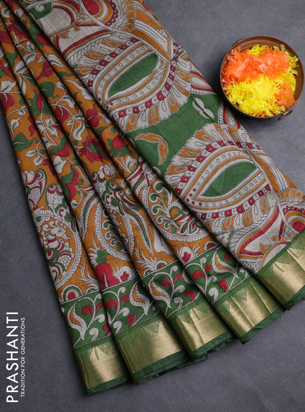 Semi maheshwari cotton saree mustard yellow and green with allover kalamkari prints and zari woven border
